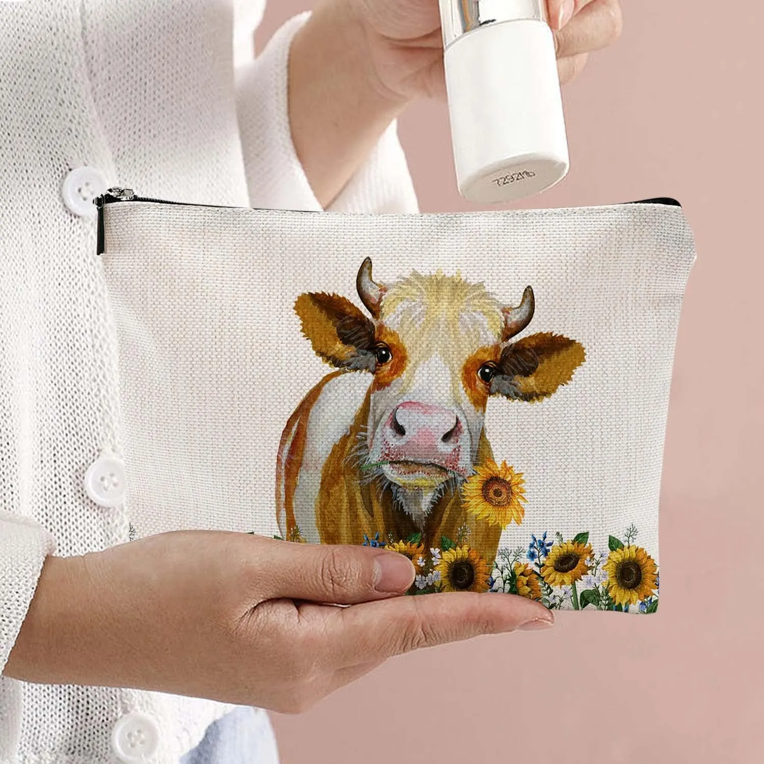 Makeup Bag Cosmetic Travel Makeup Bag Organizer Waterproof Makeup Pouch with Zipper Storage Cosmetic Pouch for Women 7x10in - Farmhouse Sunflower Cow