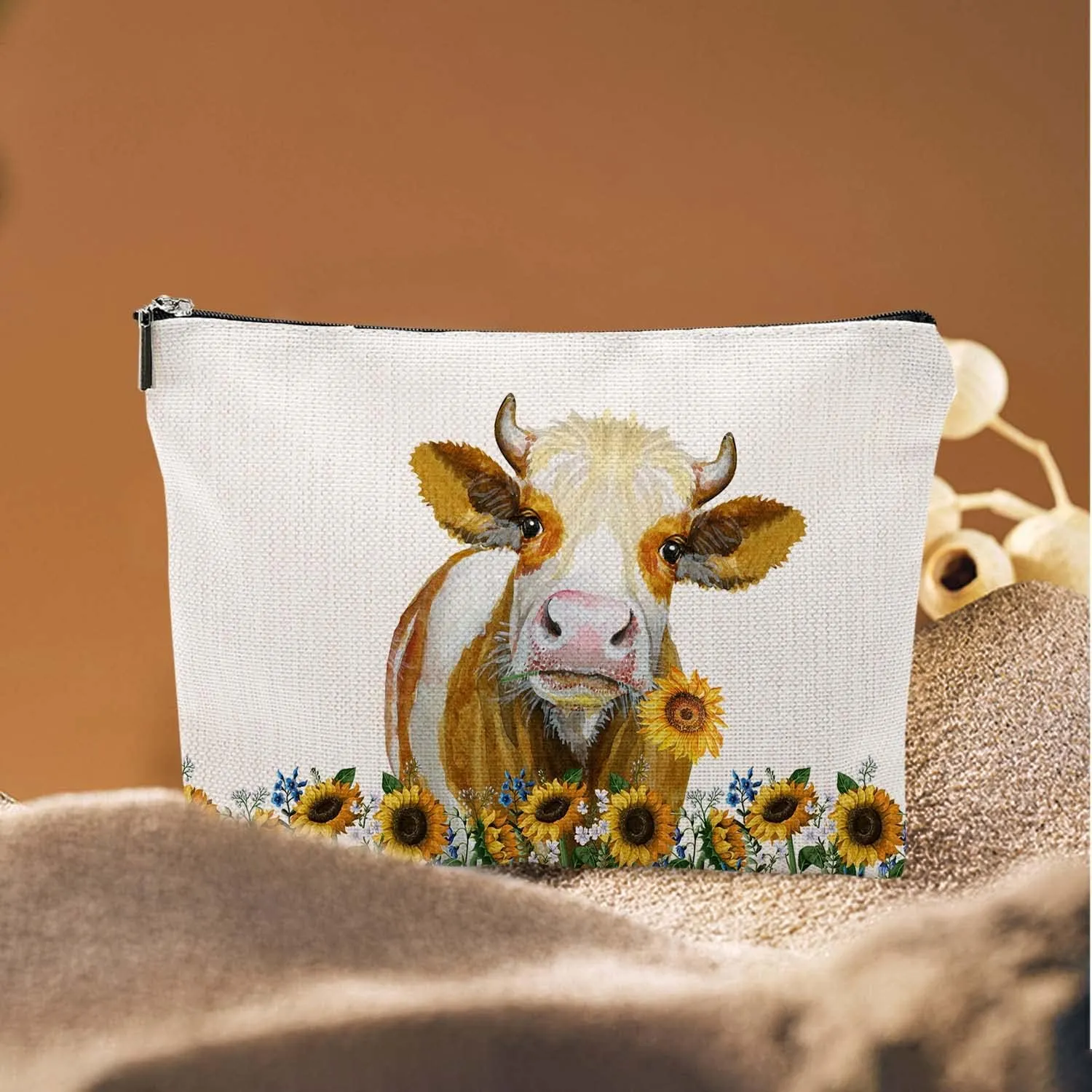Makeup Bag Cosmetic Travel Makeup Bag Organizer Waterproof Makeup Pouch with Zipper Storage Cosmetic Pouch for Women 7x10in - Farmhouse Sunflower Cow