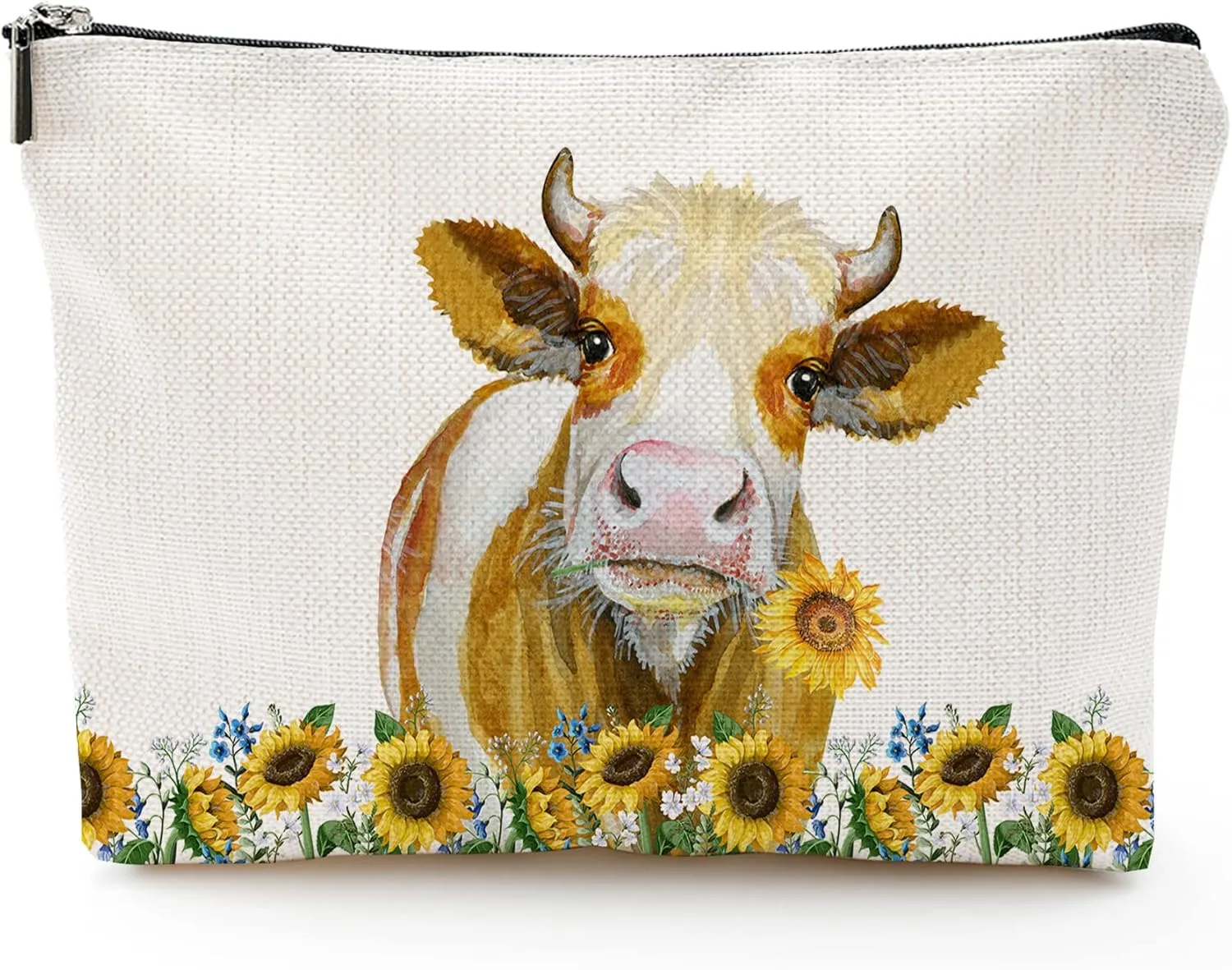 Makeup Bag Cosmetic Travel Makeup Bag Organizer Waterproof Makeup Pouch with Zipper Storage Cosmetic Pouch for Women 7x10in - Farmhouse Sunflower Cow