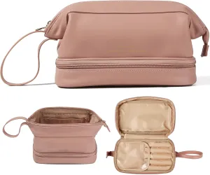 Makeup Bag Large Capacity Cosmetic Bag Double Layer Portable Travel Toiletry Bag Roomy Cosmetic Bag Leather Waterproof Make up Organizer Bag for Women and Girls, B-Pink