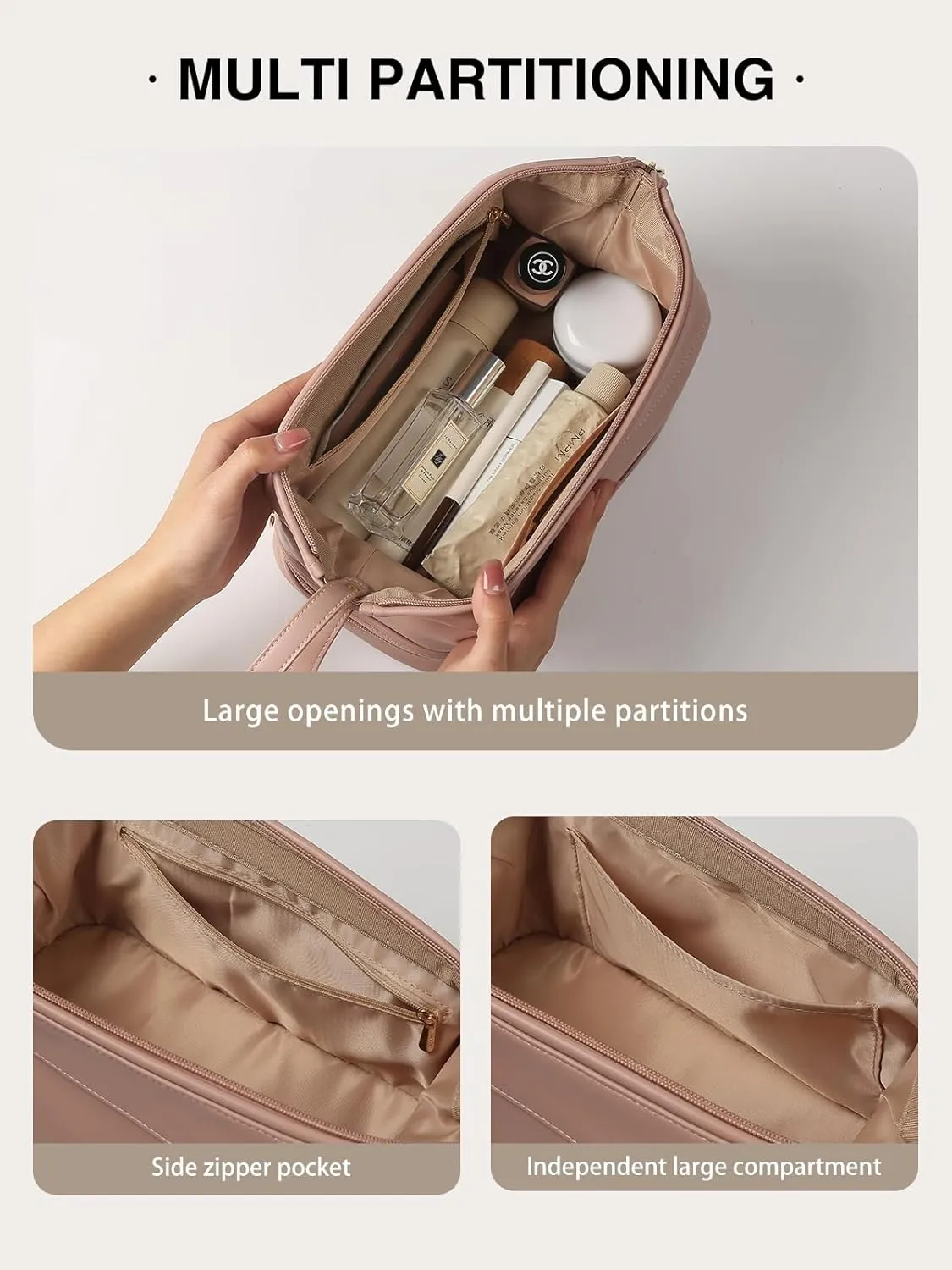 Makeup Bag Large Capacity Cosmetic Bag Double Layer Portable Travel Toiletry Bag Roomy Cosmetic Bag Leather Waterproof Make up Organizer Bag for Women and Girls, B-Pink