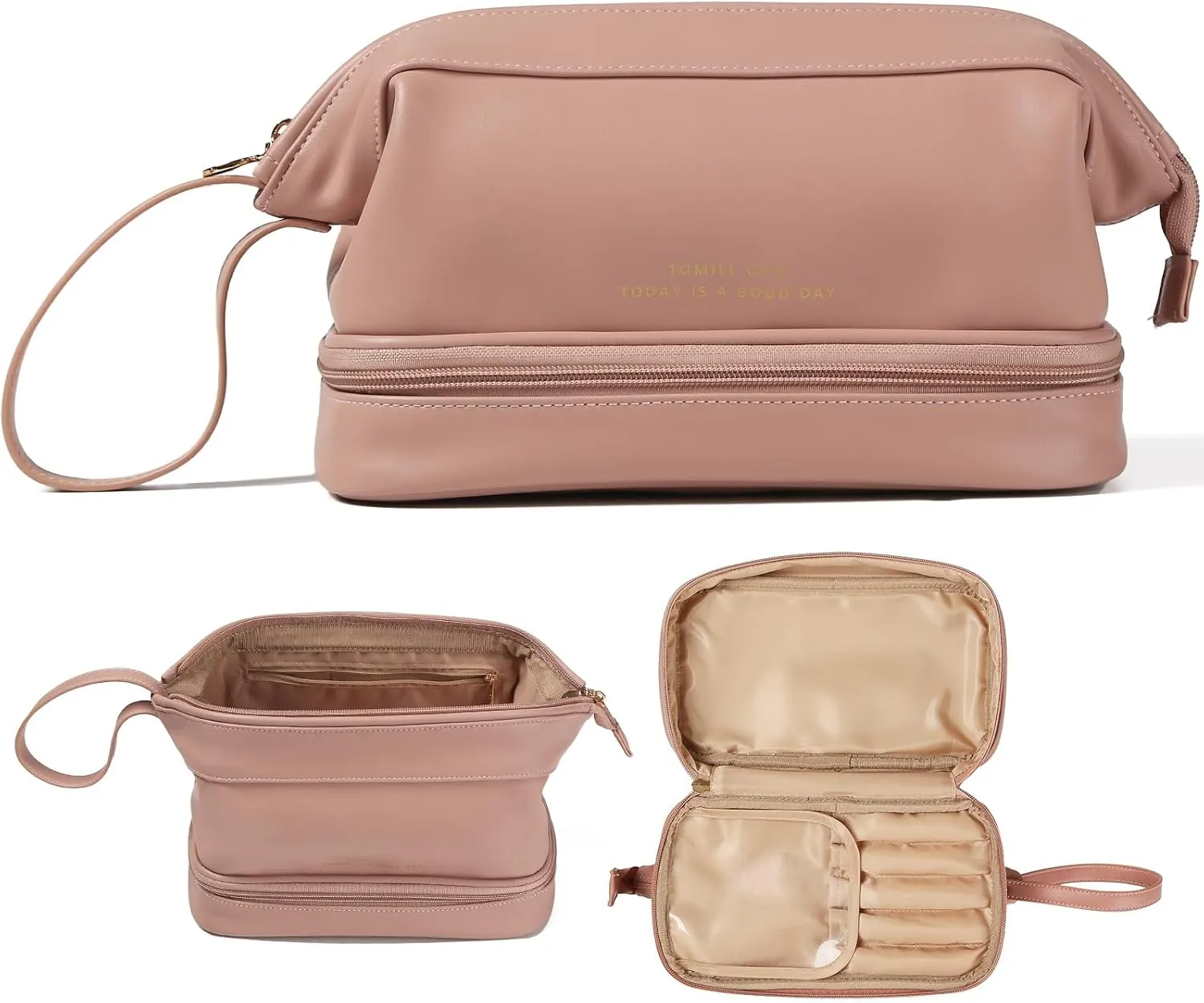 Makeup Bag Large Capacity Cosmetic Bag Double Layer Portable Travel Toiletry Bag Roomy Cosmetic Bag Leather Waterproof Make up Organizer Bag for Women and Girls, B-Pink