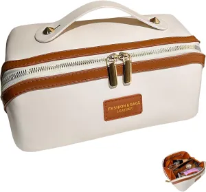 Makeup Bag Large Cosmetic Bag PU Leather Makeup Bag For Women Girls Travel Toiletry Bag With Handle Divider Large Opening Metal Zipper Cosmetic Organizer (bicolor-white)