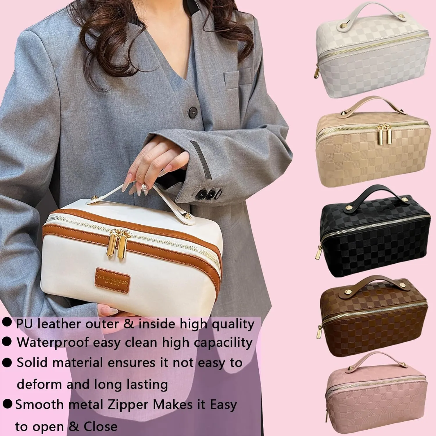 Makeup Bag Large Cosmetic Bag PU Leather Makeup Bag For Women Girls Travel Toiletry Bag With Handle Divider Large Opening Metal Zipper Cosmetic Organizer (bicolor-white)