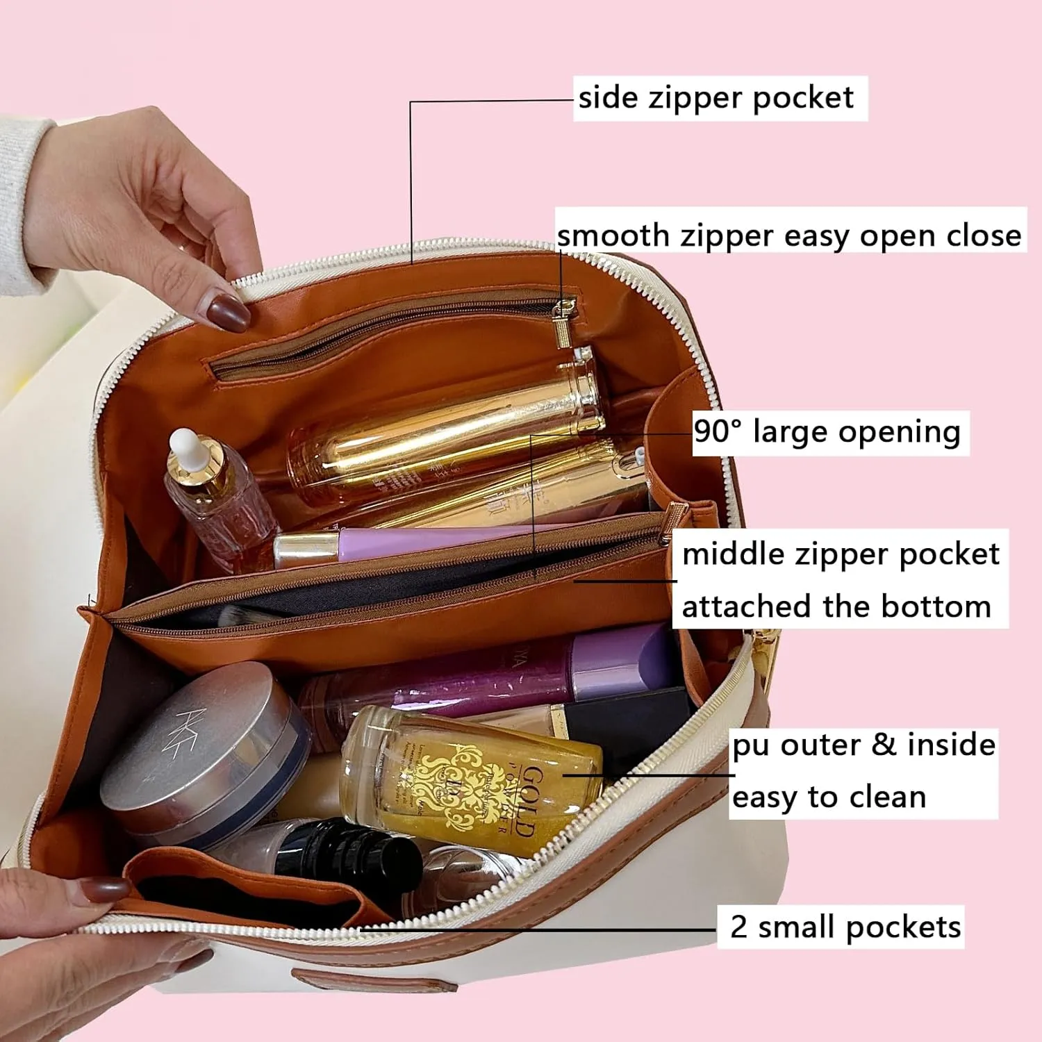 Makeup Bag Large Cosmetic Bag PU Leather Makeup Bag For Women Girls Travel Toiletry Bag With Handle Divider Large Opening Metal Zipper Cosmetic Organizer (bicolor-white)