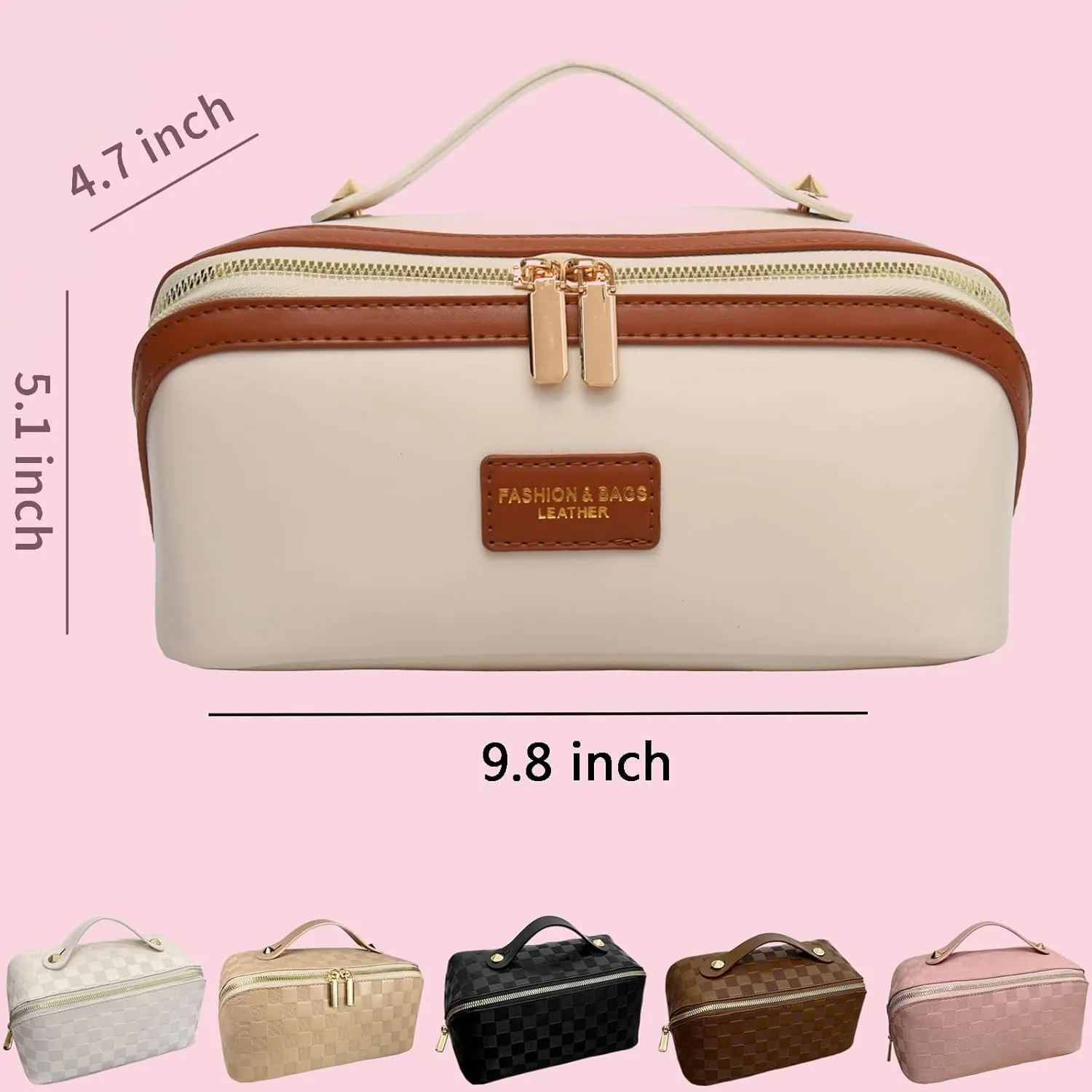 Makeup Bag Large Cosmetic Bag PU Leather Makeup Bag For Women Girls Travel Toiletry Bag With Handle Divider Large Opening Metal Zipper Cosmetic Organizer (bicolor-white)