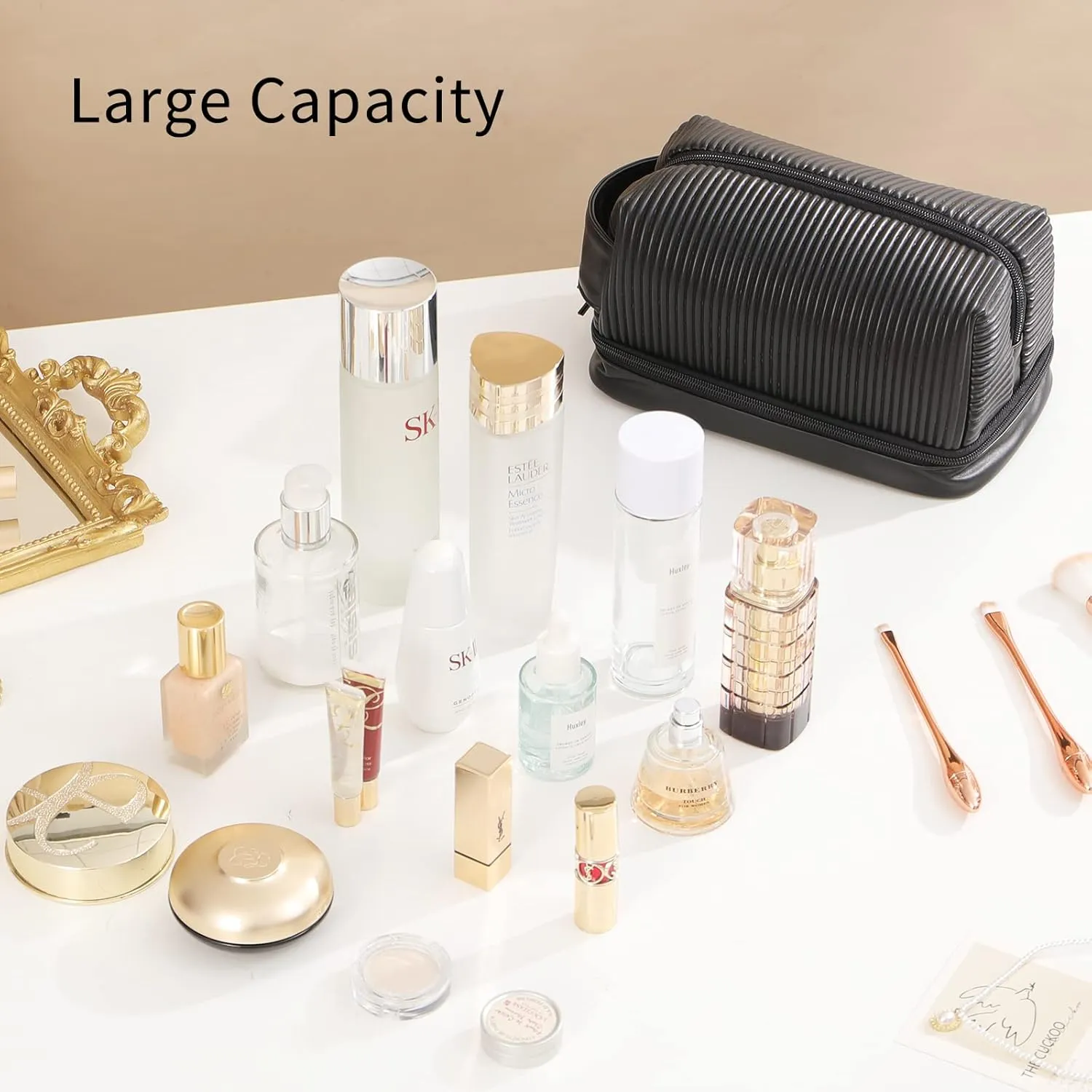 Makeup Bag, Large Double Layer Waterproof Travel Bag with Handle and Brush Compartment for Women (Black)