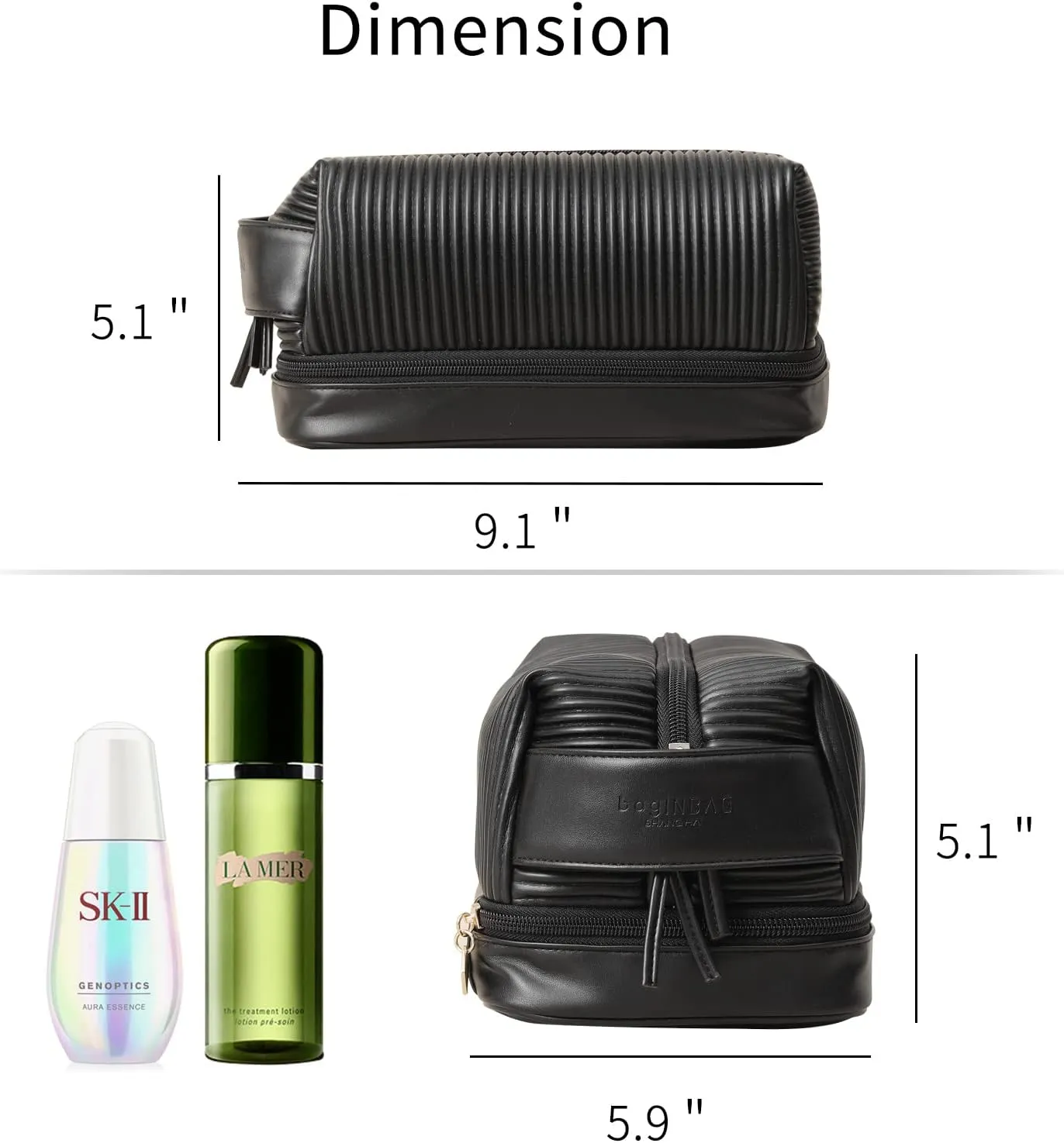 Makeup Bag, Large Double Layer Waterproof Travel Bag with Handle and Brush Compartment for Women (Black)