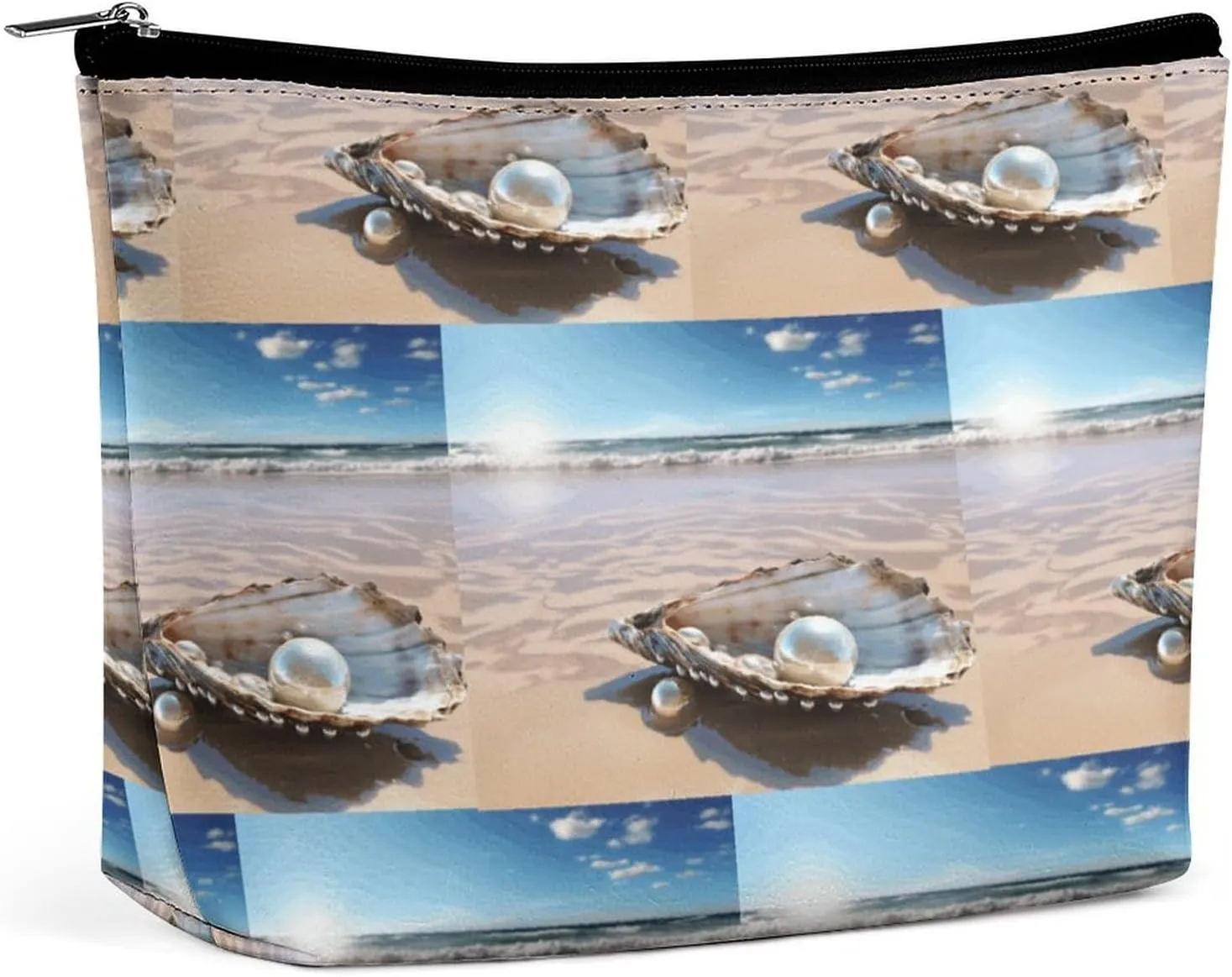 Makeup Bag, Ocean Beach Mussel Pearl Print Portable Cosmetic Bag Travel Makeup Bag Cosmetic Organizer Zippered Cosmetic Bag Makeup Pouch