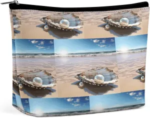 Makeup Bag, Ocean Beach Mussel Pearl Print Portable Cosmetic Bag Travel Makeup Bag Cosmetic Organizer Zippered Cosmetic Bag Makeup Pouch