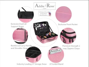 Makeup Bag Organizer Train Case | BLUE or PINK or BLACK | 16.5" LARGE 3-Layer Cosmetic Case | Professional Makeup Case | EXCLUSIVE Front Pocket | 2 Lid Straps | Shoulder Strap | BLUE