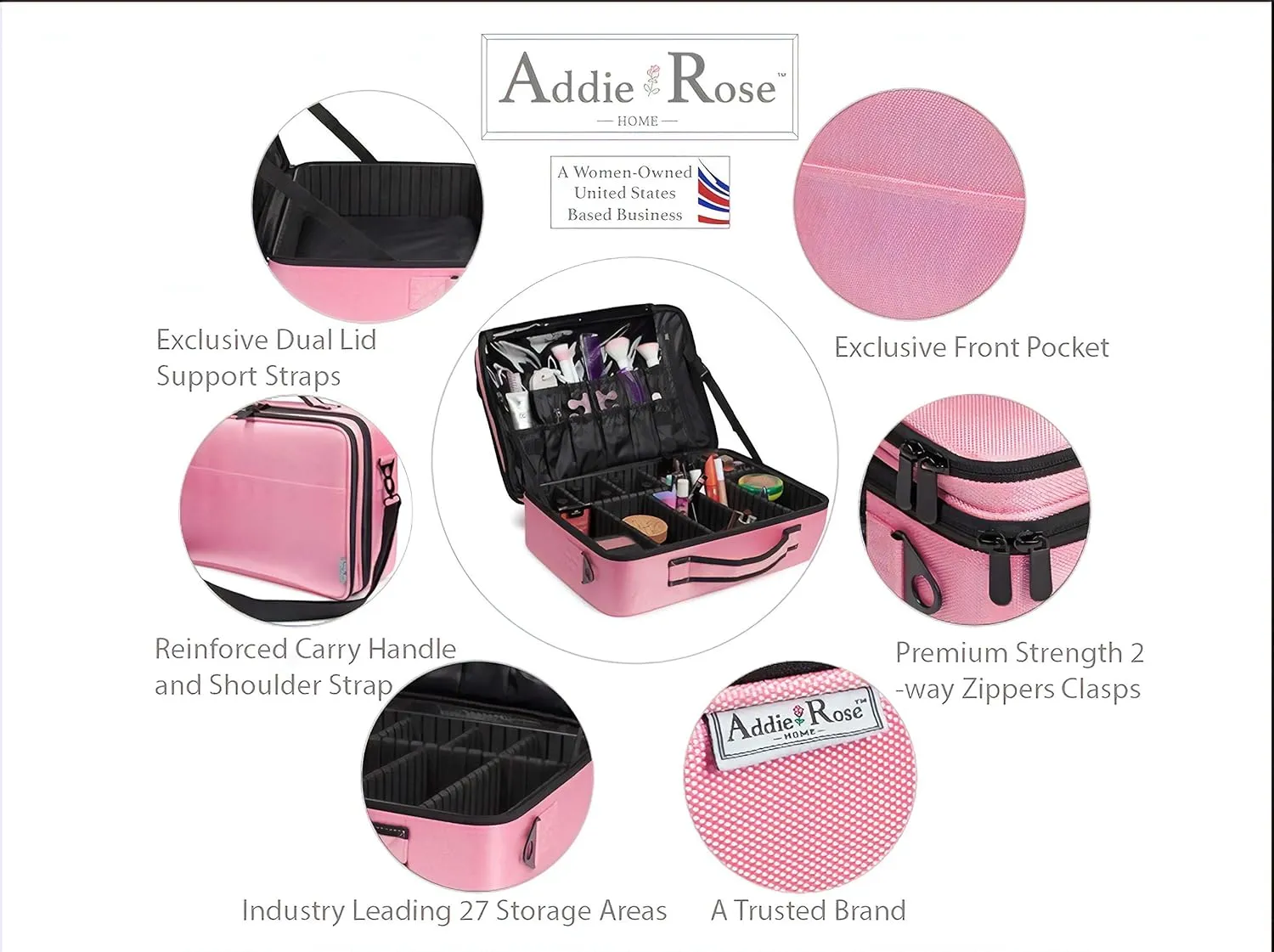 Makeup Bag Organizer Train Case | BLUE or PINK or BLACK | 16.5" LARGE 3-Layer Cosmetic Case | Professional Makeup Case | EXCLUSIVE Front Pocket | 2 Lid Straps | Shoulder Strap | BLUE