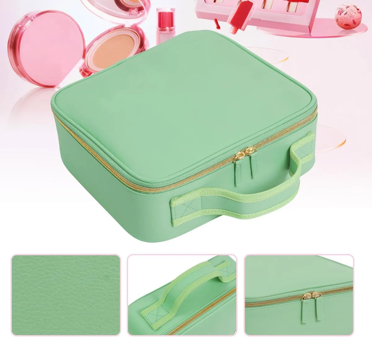 Makeup Bag Organizer Travel Case with Adjustable Dividers Light Portable Train Storage Bag for Makeup Brushes Jewelry Accessories (Green)