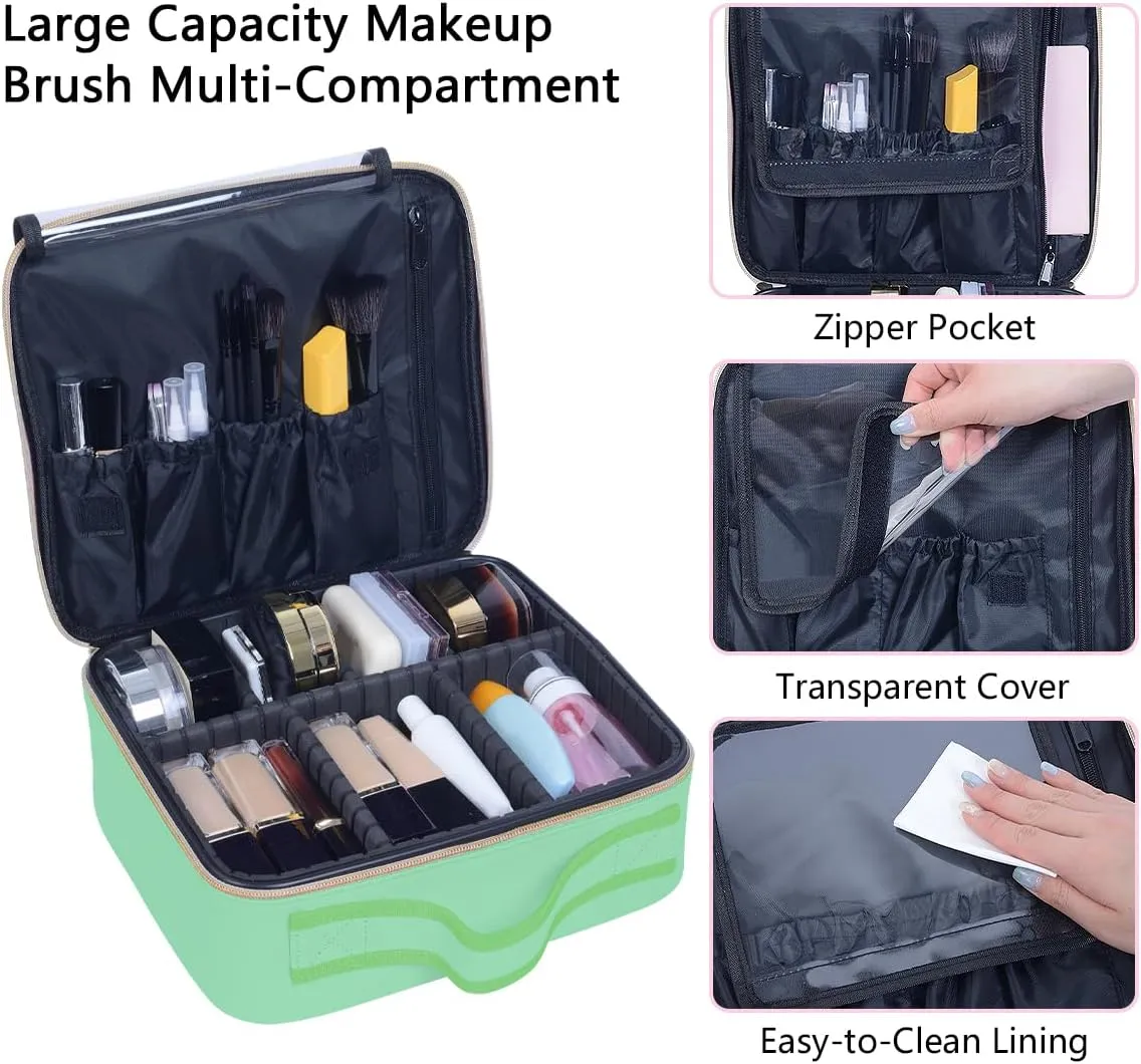 Makeup Bag Organizer Travel Case with Adjustable Dividers Light Portable Train Storage Bag for Makeup Brushes Jewelry Accessories (Green)