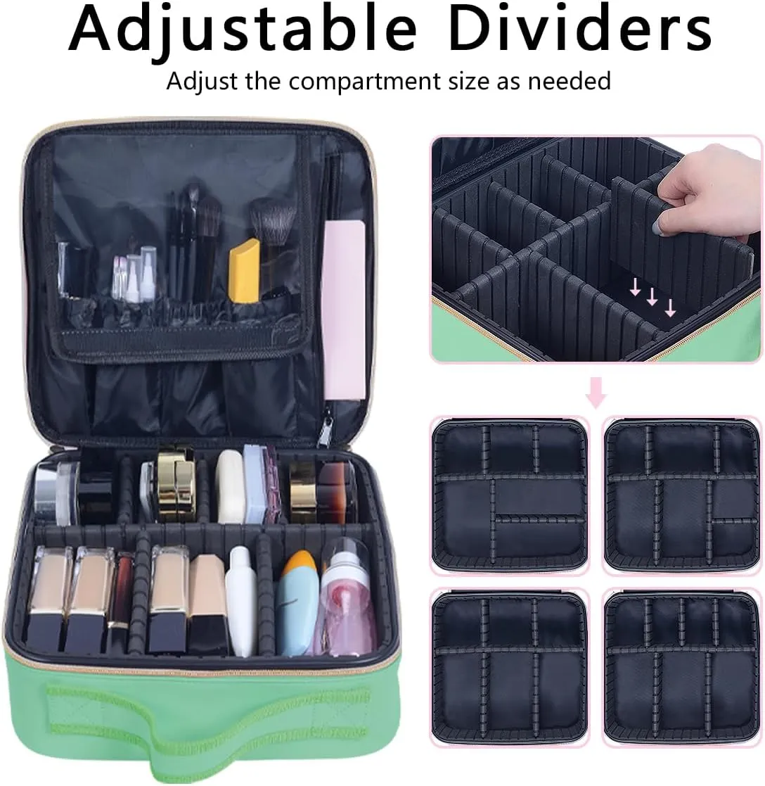 Makeup Bag Organizer Travel Case with Adjustable Dividers Light Portable Train Storage Bag for Makeup Brushes Jewelry Accessories (Green)