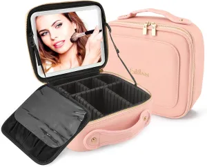 Makeup Bag with Led Mirror, Portable Travel Makeup Bag Organizer, Cosmetic Bag (Pink)