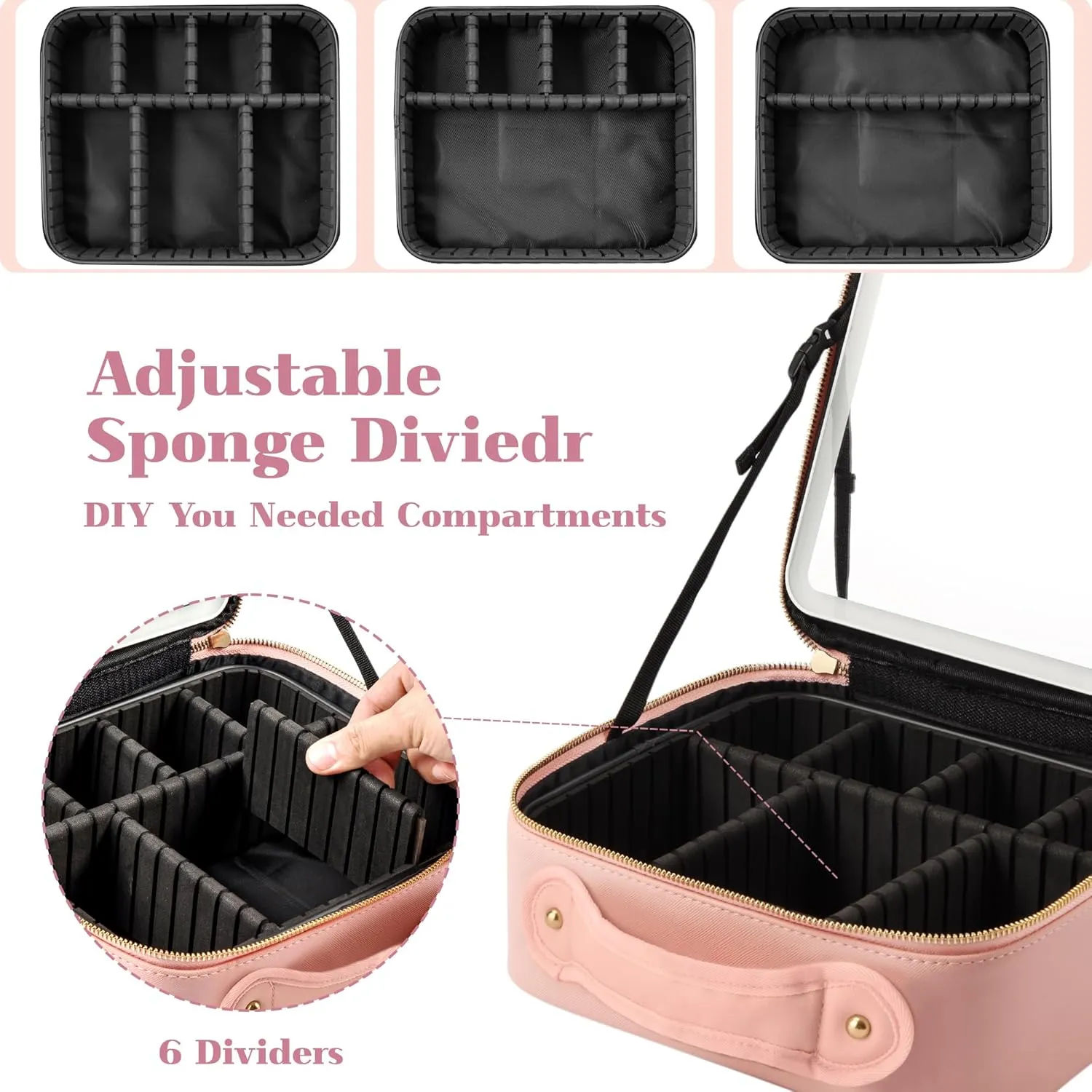 Makeup Bag with Led Mirror, Portable Travel Makeup Bag Organizer, Cosmetic Bag (Pink)