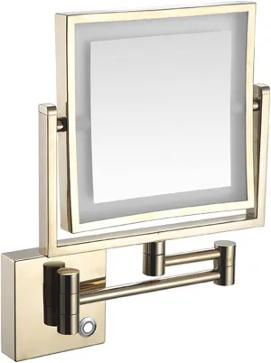 Makeup Mirror LED Wall Mount, 8 Inch Bathroom Shaving Mirror Wall Mounted Square Vanity Mirror, 360° Swivel 3X Magnification Two-Sided (Color : Gold, Size : Charging)