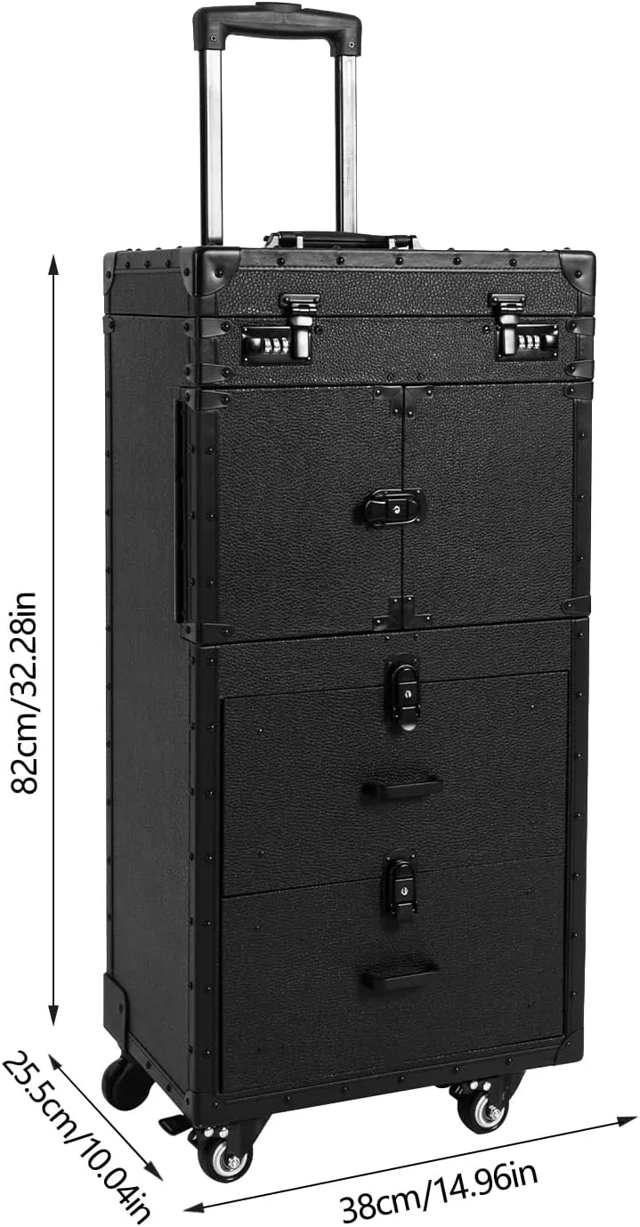 Makeup Rolling Train Case, Makeup Case Trolley Large Storage Cosmetic Trolley with Combination Locks, Hair Salon Suitcase Hair Stylist Beauty Travel (All Black)