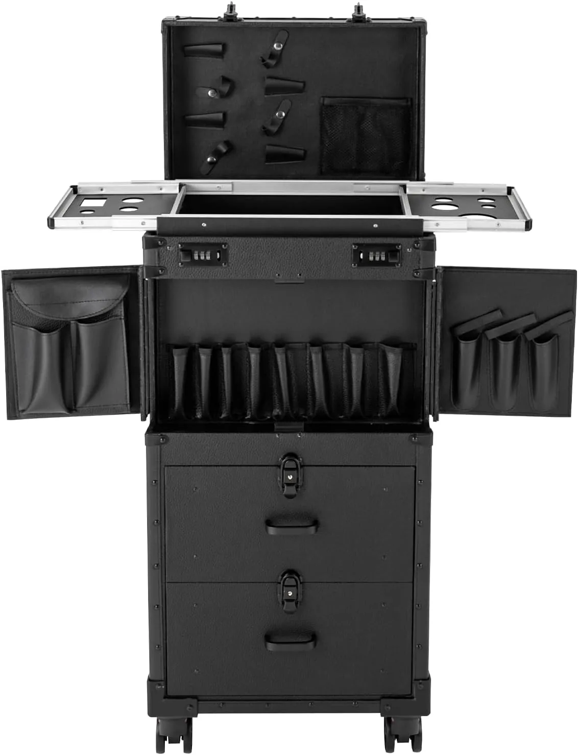 Makeup Rolling Train Case, Makeup Case Trolley Large Storage Cosmetic Trolley with Combination Locks, Hair Salon Suitcase Hair Stylist Beauty Travel (All Black)
