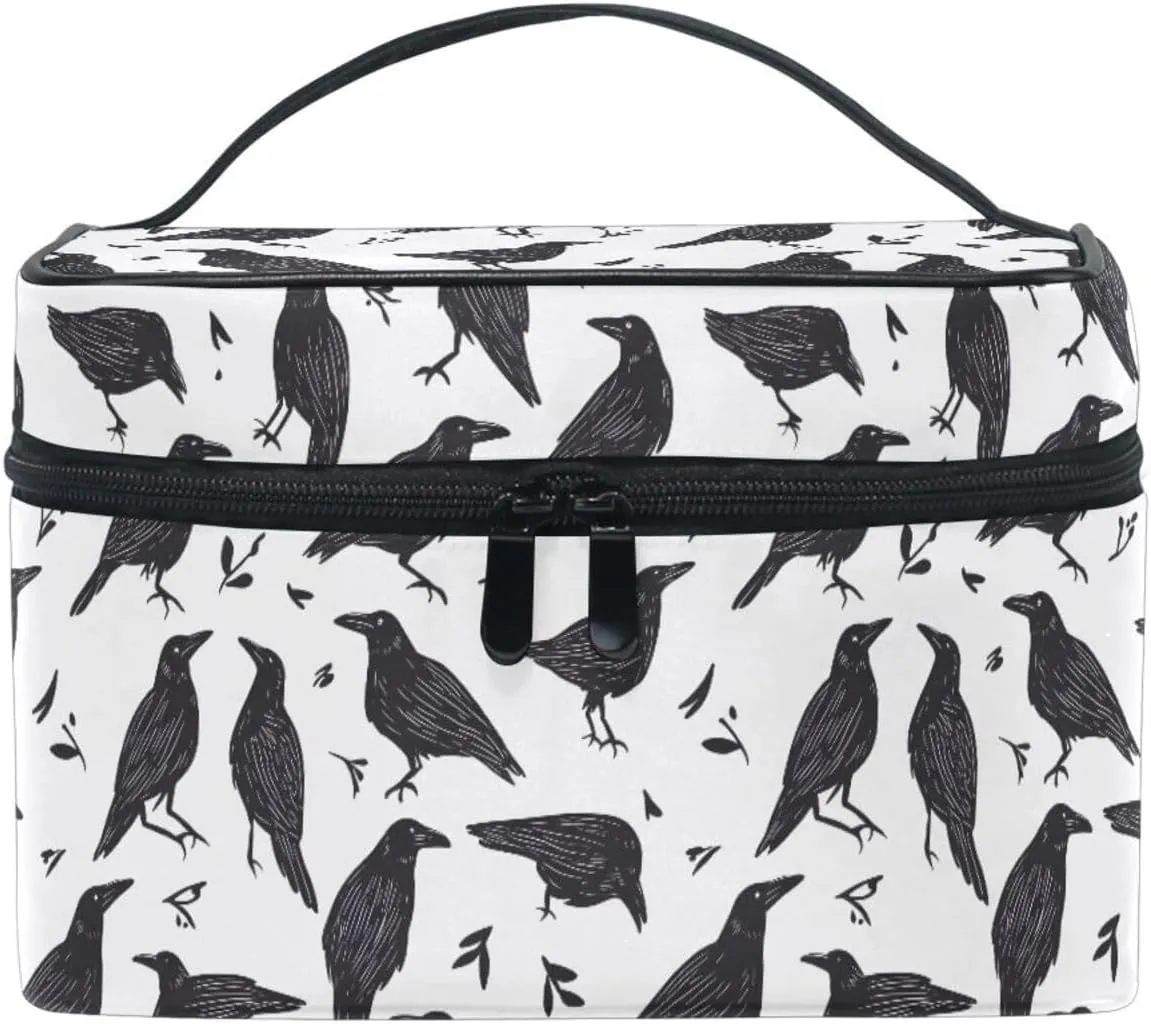 Makeup Train Case Crows Black Carrying Portable Zip Travel Cosmetic Brush Bag Organizer Large for Women