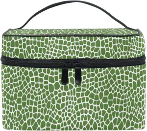 Makeup Train Case Green Lizard Skin Texture Carrying Portable Zip Travel Cosmetic Brush Bag Organizer Large for Women
