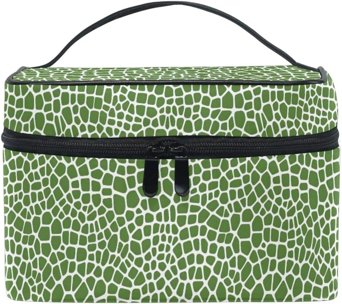 Makeup Train Case Green Lizard Skin Texture Carrying Portable Zip Travel Cosmetic Brush Bag Organizer Large for Women
