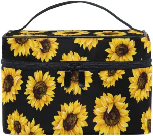 Makeup Train Case Sunflower Black Pattern Korean Carrying Portable Zip Travel Cosmetic Brush Bag Organizer Large for Girls Women