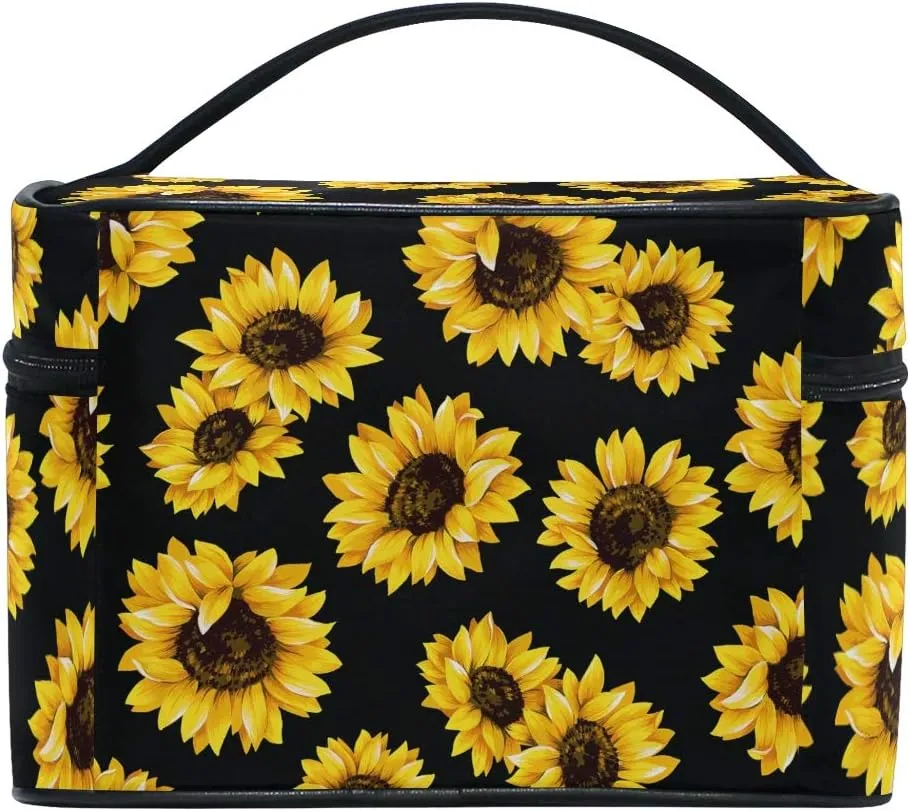 Makeup Train Case Sunflower Black Pattern Korean Carrying Portable Zip Travel Cosmetic Brush Bag Organizer Large for Girls Women