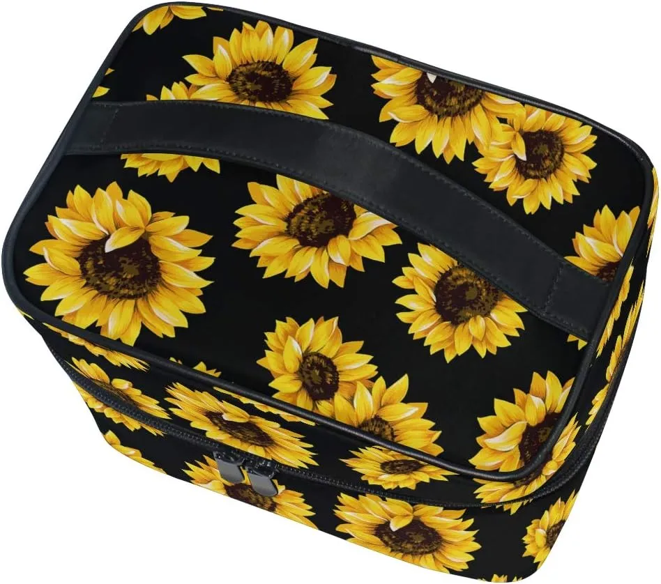 Makeup Train Case Sunflower Black Pattern Korean Carrying Portable Zip Travel Cosmetic Brush Bag Organizer Large for Girls Women