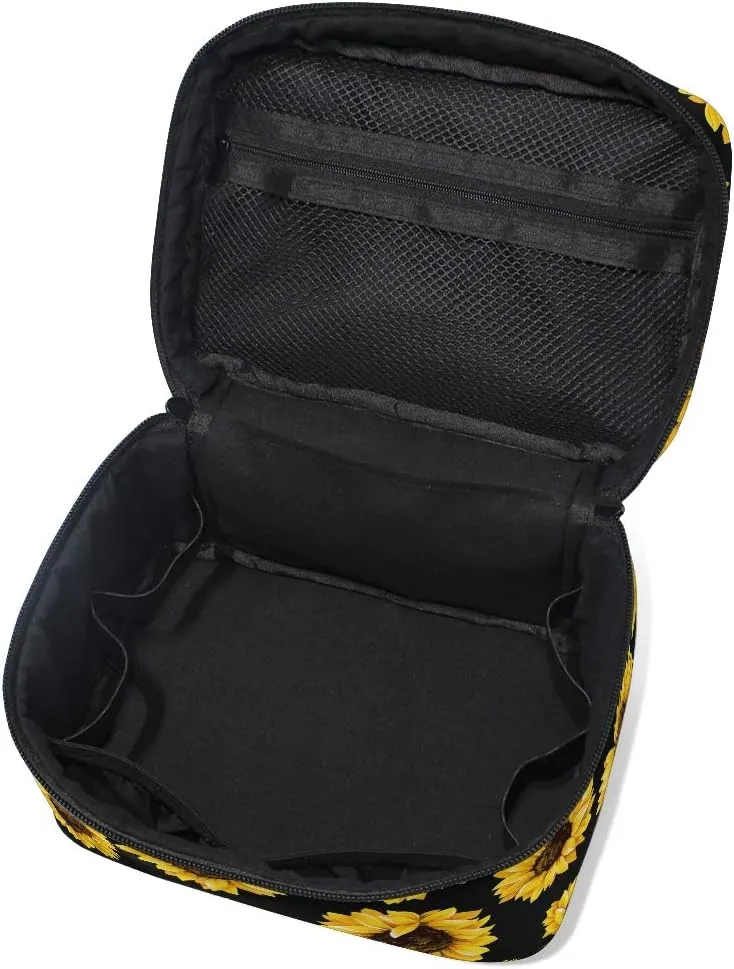 Makeup Train Case Sunflower Black Pattern Korean Carrying Portable Zip Travel Cosmetic Brush Bag Organizer Large for Girls Women