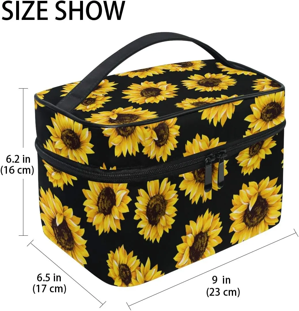 Makeup Train Case Sunflower Black Pattern Korean Carrying Portable Zip Travel Cosmetic Brush Bag Organizer Large for Girls Women