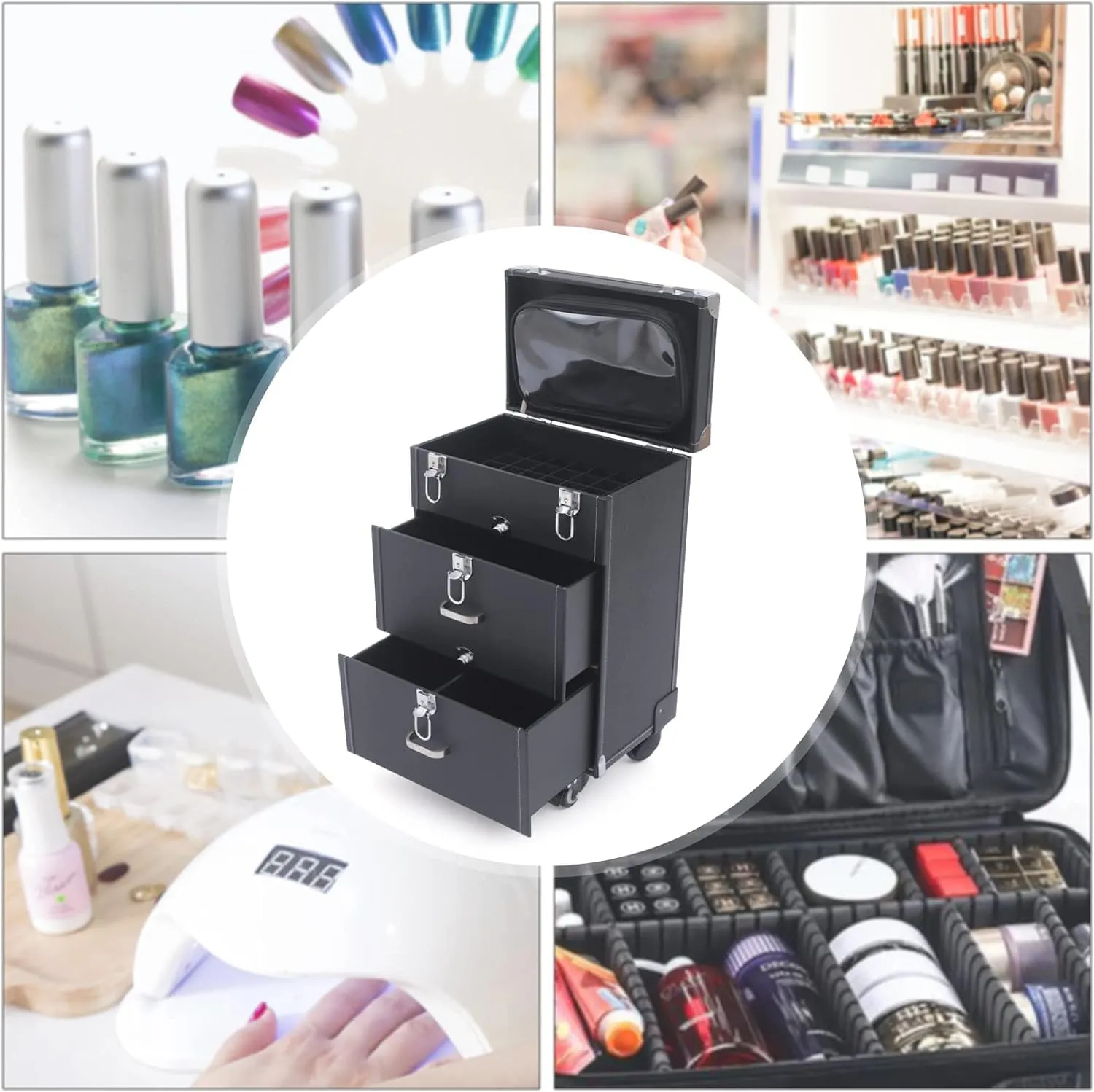 Makeup Train Case,Rolling Makeup Trolley Case,Nail Polish Organizer,Jewelry Travel Cosmetic Train Case with 4 Wheels,Suitable for Hairstylist,Manicurist,Make up Artist Zinc Alloy (Black)