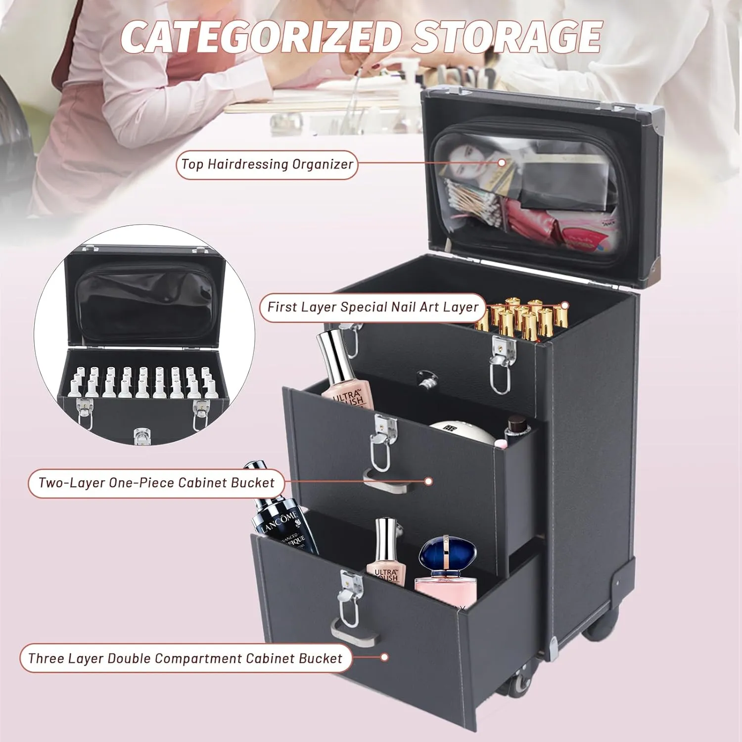 Makeup Train Case,Rolling Makeup Trolley Case,Nail Polish Organizer,Jewelry Travel Cosmetic Train Case with 4 Wheels,Suitable for Hairstylist,Manicurist,Make up Artist Zinc Alloy (Black)