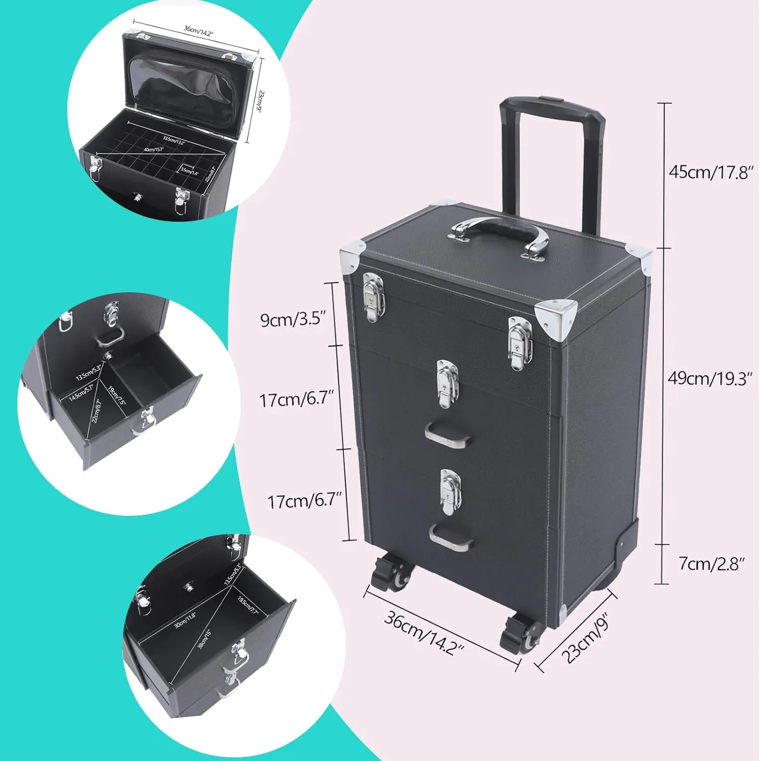 Makeup Train Case,Rolling Makeup Trolley Case,Nail Polish Organizer,Jewelry Travel Cosmetic Train Case with 4 Wheels,Suitable for Hairstylist,Manicurist,Make up Artist Zinc Alloy (Black)
