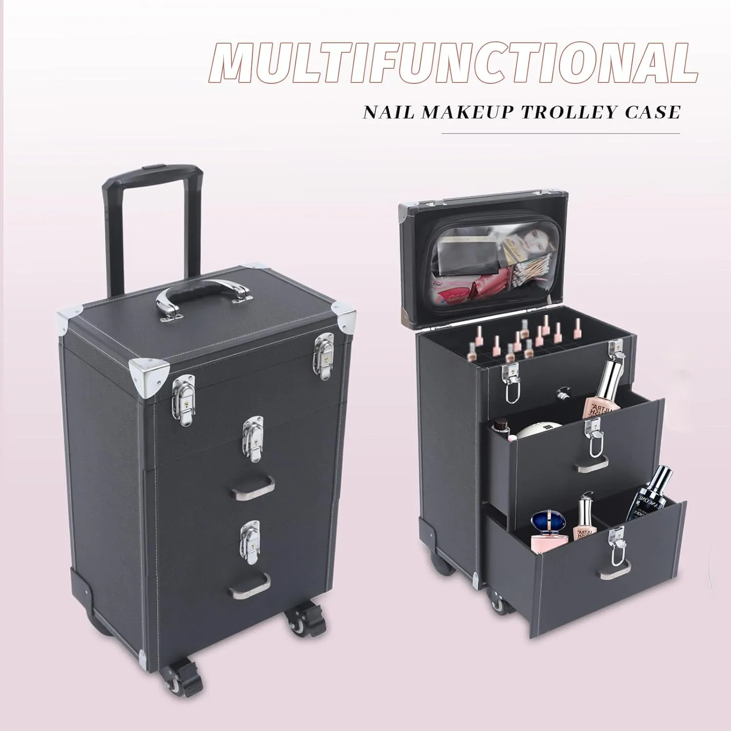 Makeup Train Case,Rolling Makeup Trolley Case,Nail Polish Organizer,Jewelry Travel Cosmetic Train Case with 4 Wheels,Suitable for Hairstylist,Manicurist,Make up Artist Zinc Alloy (Black)