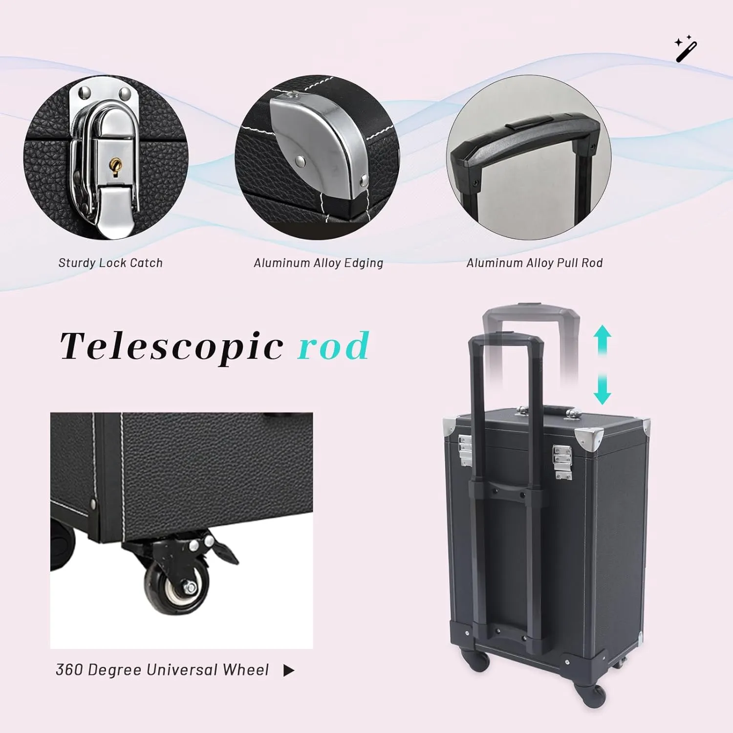 Makeup Train Case,Rolling Makeup Trolley Case,Nail Polish Organizer,Jewelry Travel Cosmetic Train Case with 4 Wheels,Suitable for Hairstylist,Manicurist,Make up Artist Zinc Alloy (Black)