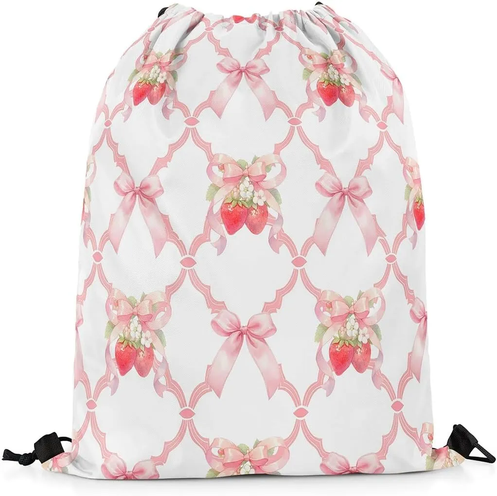 Manfei Strawberry Bow Drawstring Backpack,Fairy Princess Bowknot Crossed Grids Patchwork Drawstring Bag,Sweet Tropical Fruits Dreamy Pink White Draw String Bag Gym Packs Large Capacity,Lightweight