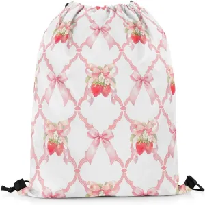 Manfei Strawberry Bow Drawstring Backpack,Fairy Princess Bowknot Crossed Grids Patchwork Drawstring Bag,Sweet Tropical Fruits Dreamy Pink White Draw String Bag Gym Packs Large Capacity,Lightweight