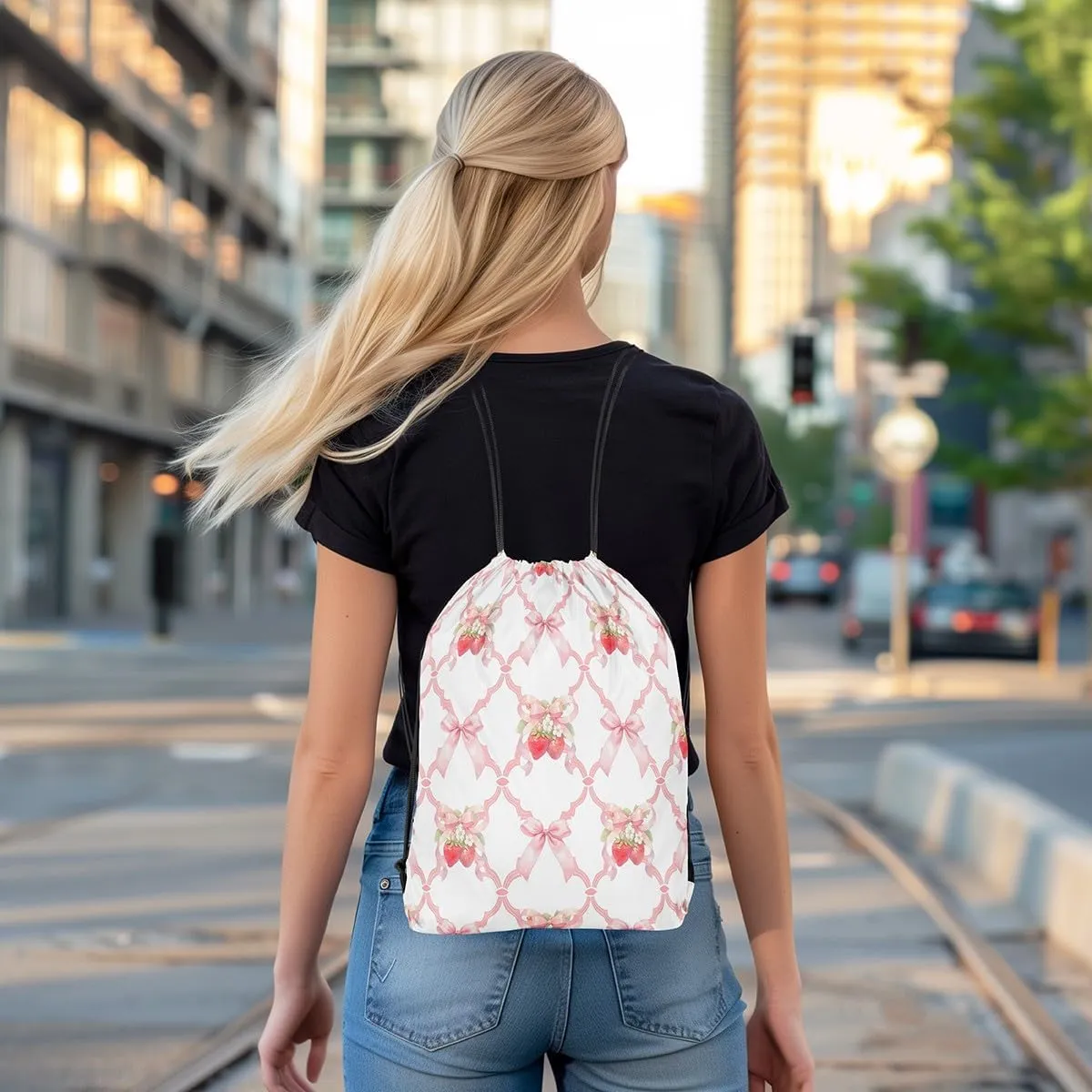 Manfei Strawberry Bow Drawstring Backpack,Fairy Princess Bowknot Crossed Grids Patchwork Drawstring Bag,Sweet Tropical Fruits Dreamy Pink White Draw String Bag Gym Packs Large Capacity,Lightweight