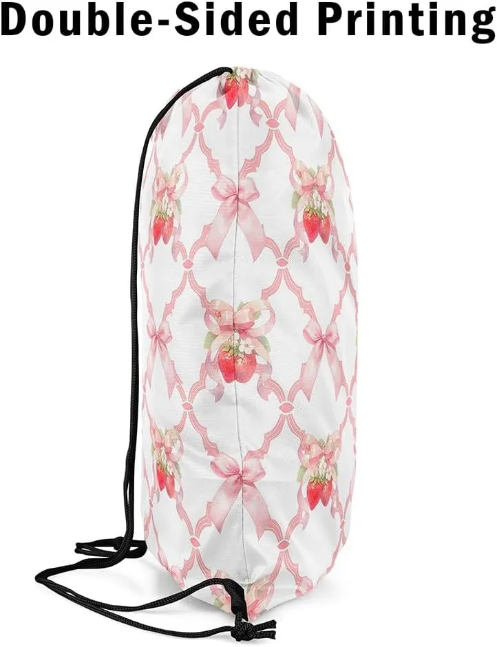 Manfei Strawberry Bow Drawstring Backpack,Fairy Princess Bowknot Crossed Grids Patchwork Drawstring Bag,Sweet Tropical Fruits Dreamy Pink White Draw String Bag Gym Packs Large Capacity,Lightweight
