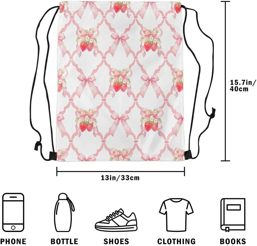 Manfei Strawberry Bow Drawstring Backpack,Fairy Princess Bowknot Crossed Grids Patchwork Drawstring Bag,Sweet Tropical Fruits Dreamy Pink White Draw String Bag Gym Packs Large Capacity,Lightweight