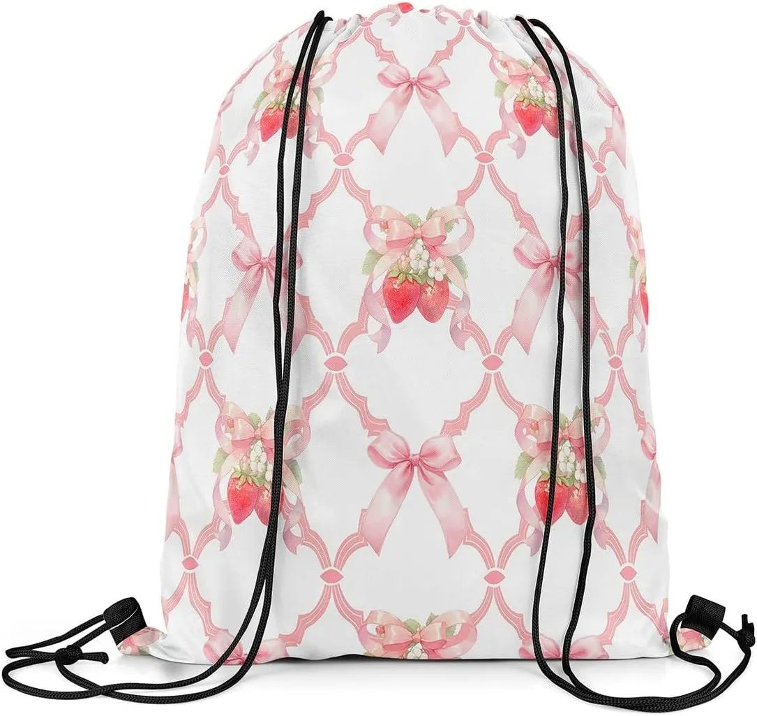 Manfei Strawberry Bow Drawstring Backpack,Fairy Princess Bowknot Crossed Grids Patchwork Drawstring Bag,Sweet Tropical Fruits Dreamy Pink White Draw String Bag Gym Packs Large Capacity,Lightweight
