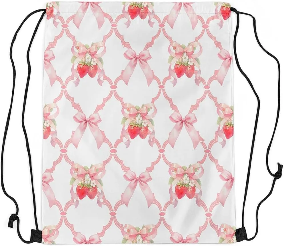 Manfei Strawberry Bow Drawstring Backpack,Fairy Princess Bowknot Crossed Grids Patchwork Drawstring Bag,Sweet Tropical Fruits Dreamy Pink White Draw String Bag Gym Packs Large Capacity,Lightweight