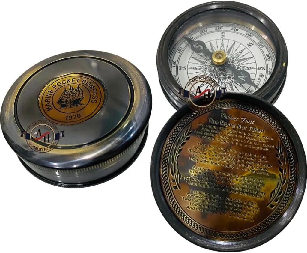 Maritime Brass 2.5" Boat Compass Vintage Pocket Nautical Compass Transit Poem Compass - Robert Frost Compass Famous Poet Quotes Compass for Birthday, Christmas Baptism Gift