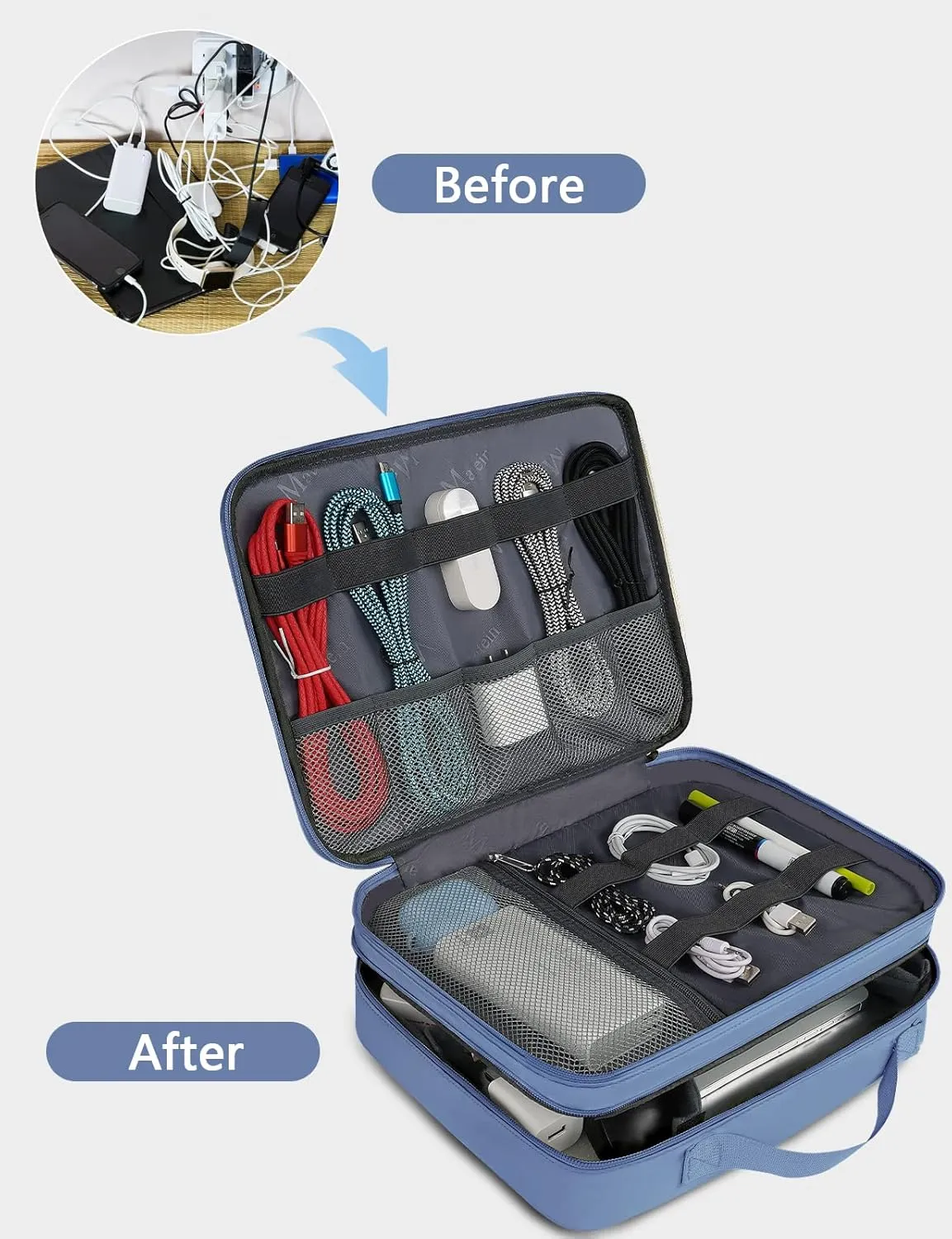 MATEIN Cable Organizer Bag, Large Travel Tech Organizer Water Resistant Electronic Accessories Case with Handle for Tablet, Cables, USB, Hard Drive, Double Layers Travel Gift for Men and Women, Blue