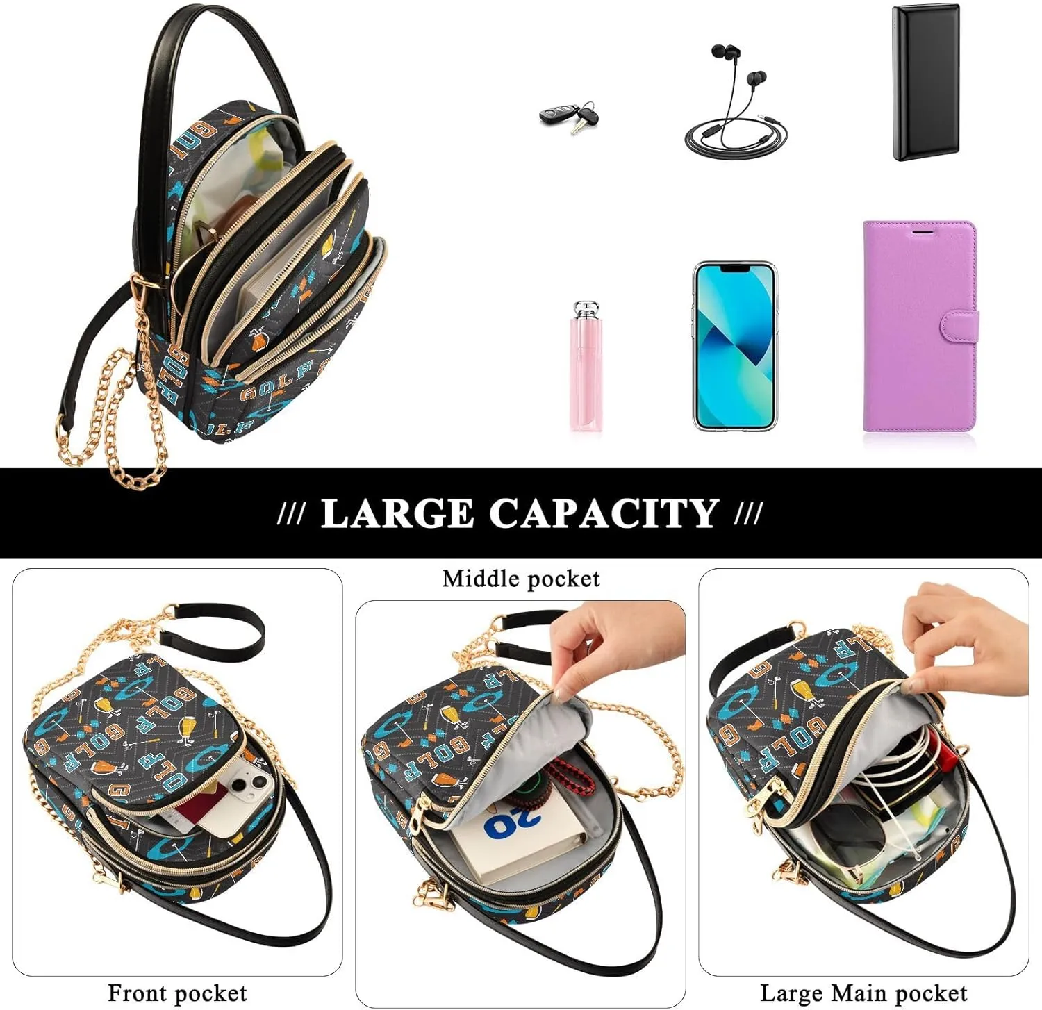 MCHIVER Golf Crossbody Bag for Women Cell Phone Purse Wallet with Removable Chain Shoulder Handbag