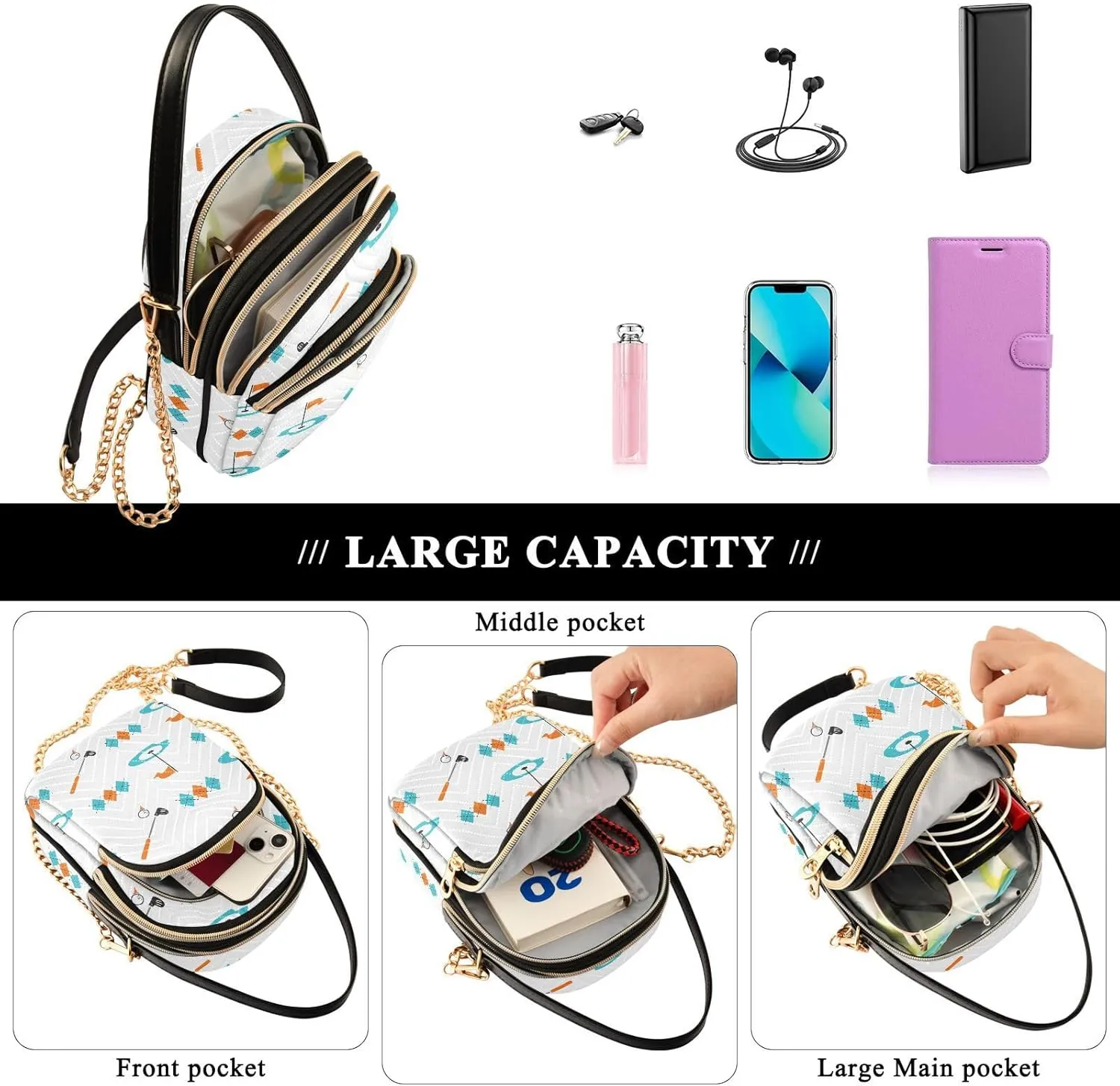 MCHIVER Golf Crossbody Bag for Women Cell Phone Purse Wallet with Removable Chain Shoulder Handbag