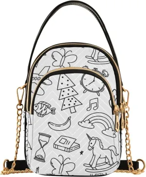 MCHIVER White Unicorn Sketch Crossbody Bag for Women Cell Phone Purse Wallet with Removable Chain Shoulder Handbag for Travel Phone Passport Work