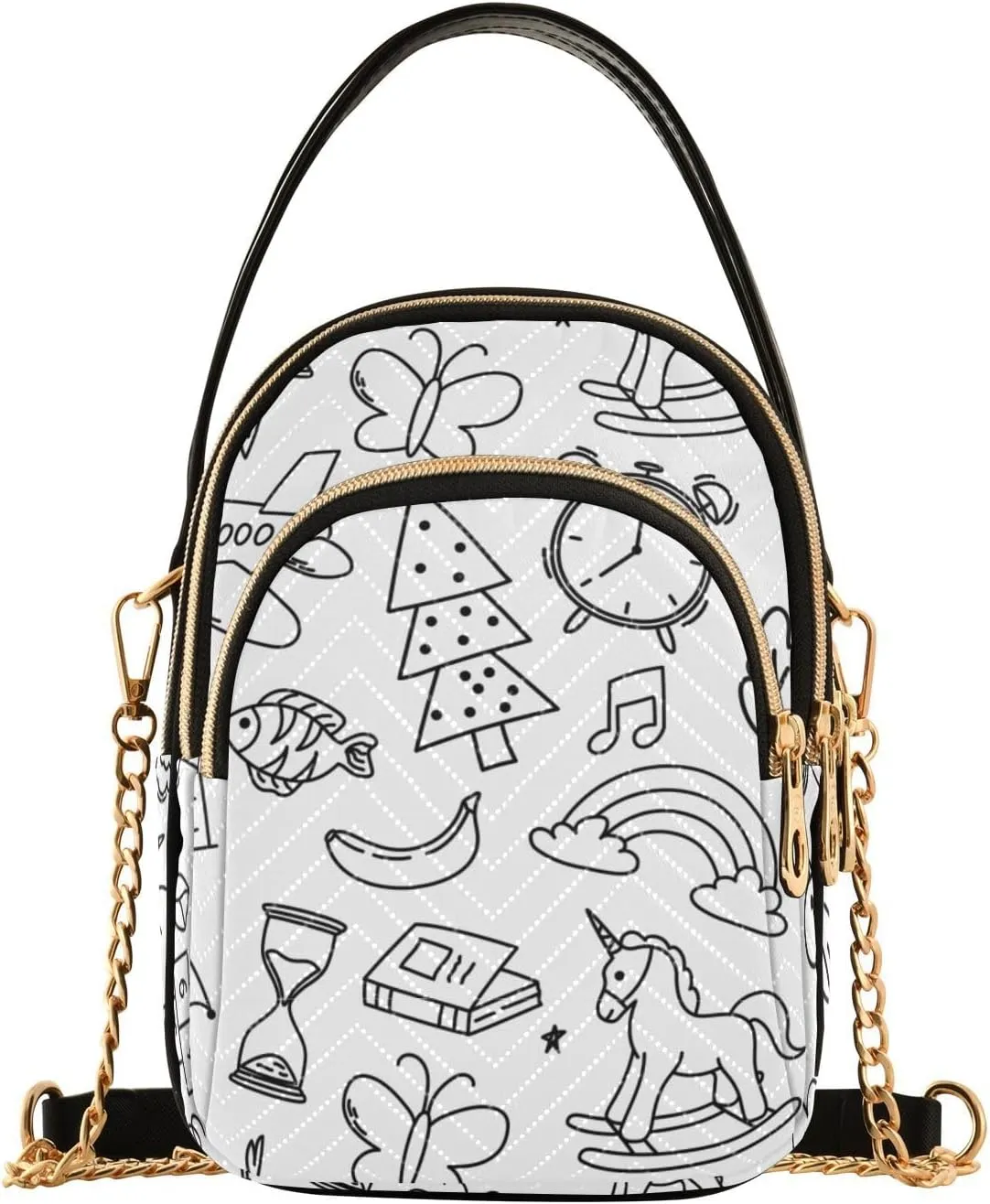 MCHIVER White Unicorn Sketch Crossbody Bag for Women Cell Phone Purse Wallet with Removable Chain Shoulder Handbag for Travel Phone Passport Work